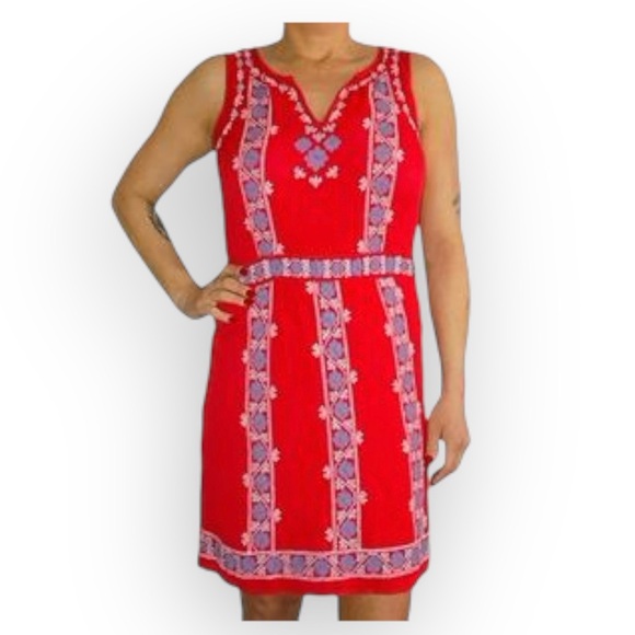 CHELSEA & VIOLET EMBROIDERED DRESS. RED SLEEVELESS BOHO DRESS. LINED SKIRT. - Picture 14 of 14